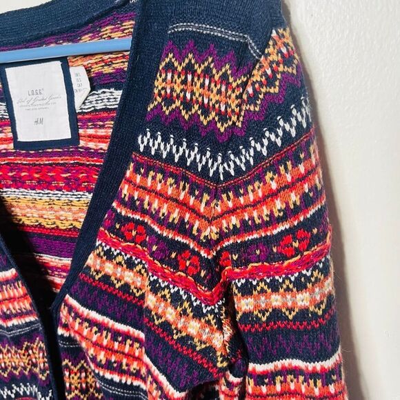 H&M L.O.G.G. Navy Blue Multicolor nordic sweater cardigan Sz S Grandpa Patch Elb - Picture 3 of 10